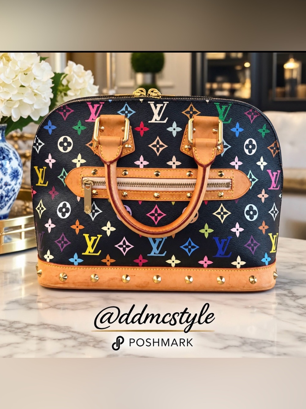 Louis Vuitton Multicolor Monogram Black Leather Satchel with Natural Vachetta